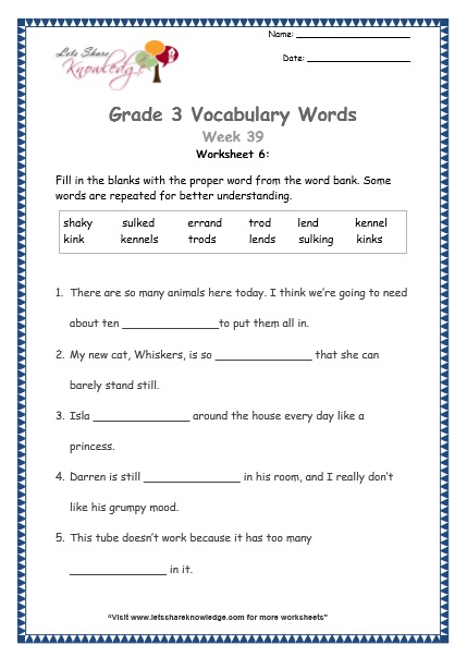  grade 3 vocabulary worksheets Week 39 worksheet 6