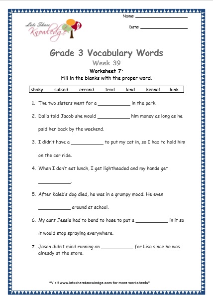  grade 3 vocabulary worksheets Week 39 worksheet 7