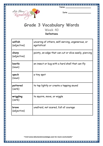 grade 3 vocabulary worksheets Week 40 definitions
