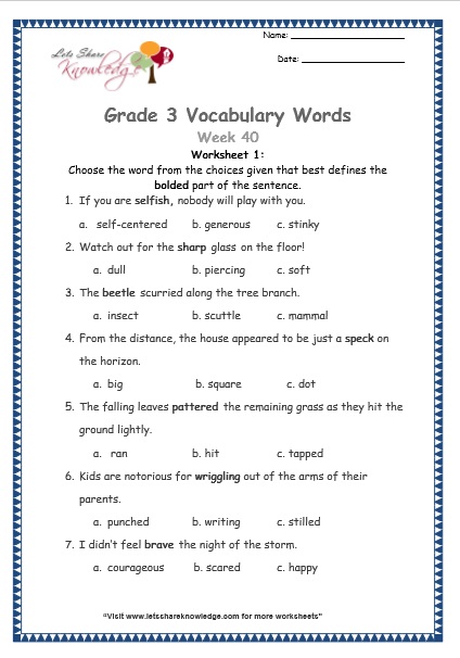 grade 3 vocabulary worksheets Week 40 worksheet 1