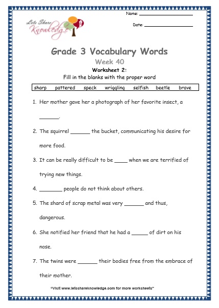 grade 3 vocabulary worksheets Week 40 worksheet 1