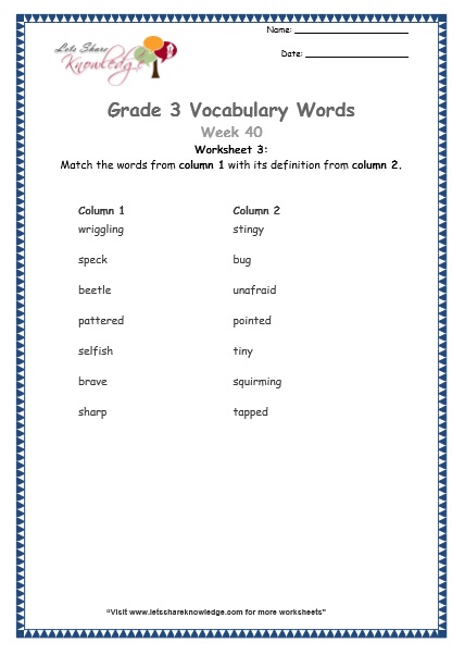  grade 3 vocabulary worksheets Week 40 worksheet 3