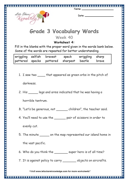 vocabulary grade 3 selfish, sharp, beetle, speck, pattered, wriggling, brave