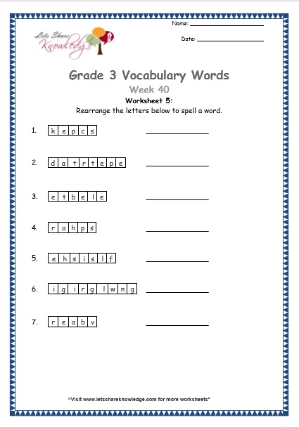  grade 3 vocabulary worksheets Week 40 worksheet 5