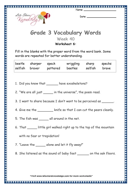  grade 3 vocabulary worksheets Week 40 worksheet 6