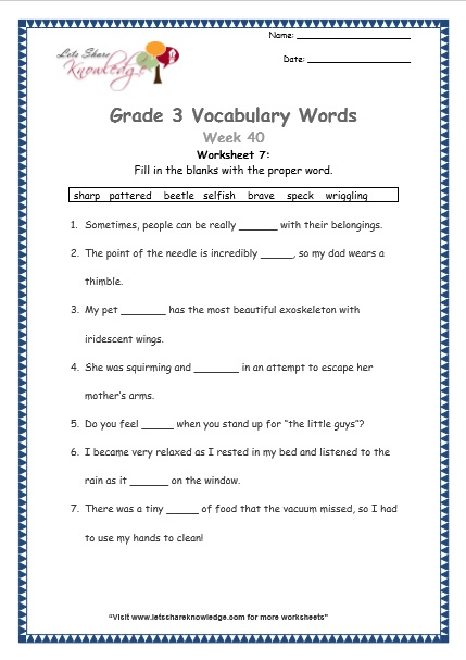  grade 3 vocabulary worksheets Week 40 worksheet 7