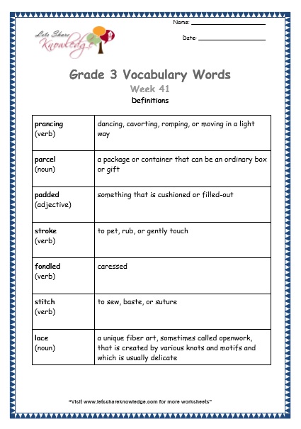 grade 3 vocabulary worksheets Week 41 definitions
