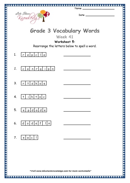  grade 3 vocabulary worksheets Week 41 worksheet 5