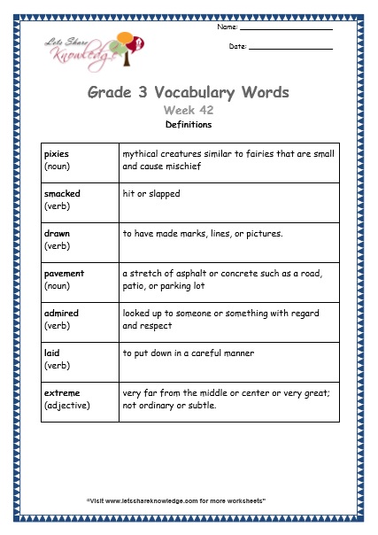 grade 3 vocabulary worksheets Week 42 definitions
