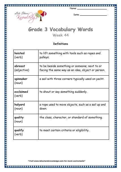 grade 3 vocabulary worksheets Week 44 definitions