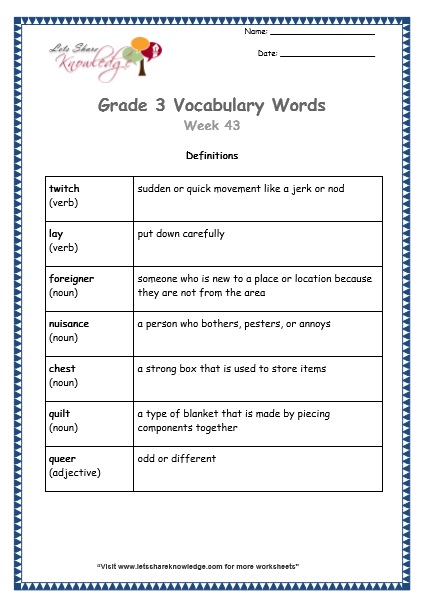 grade 3 vocabulary worksheets Week 43 definitions