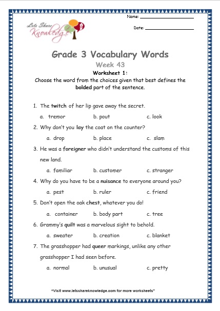 grade 3 vocabulary worksheets Week 43 worksheet 1