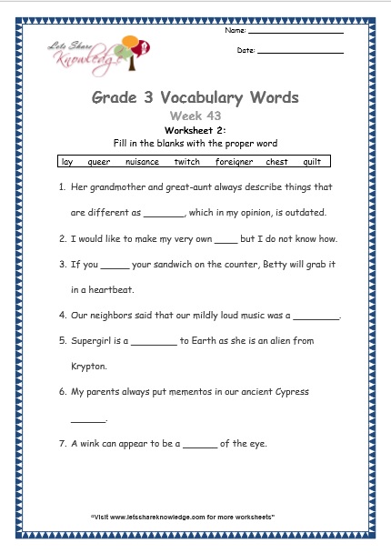 grade 3 vocabulary worksheets Week 43 worksheet 1