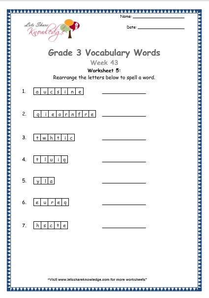  grade 3 vocabulary worksheets Week 43 worksheet 5