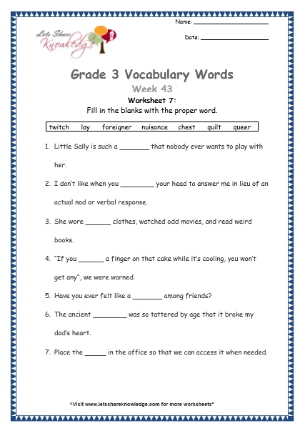  grade 3 vocabulary worksheets Week 43 worksheet 7