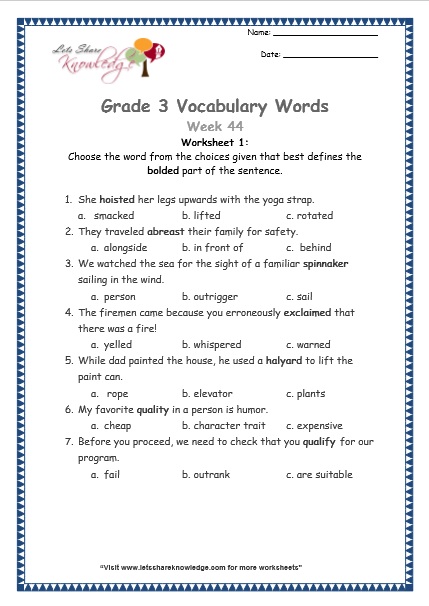 grade 3 vocabulary worksheets Week 44 worksheet 1