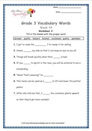 hoisted, abreast, spinnaker, exclaimed, halyard, quality, qualify - grade 3 vocabulary