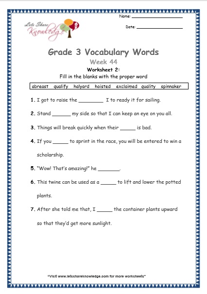 hoisted, abreast, spinnaker, exclaimed, halyard, quality, qualify - grade 3 vocabulary