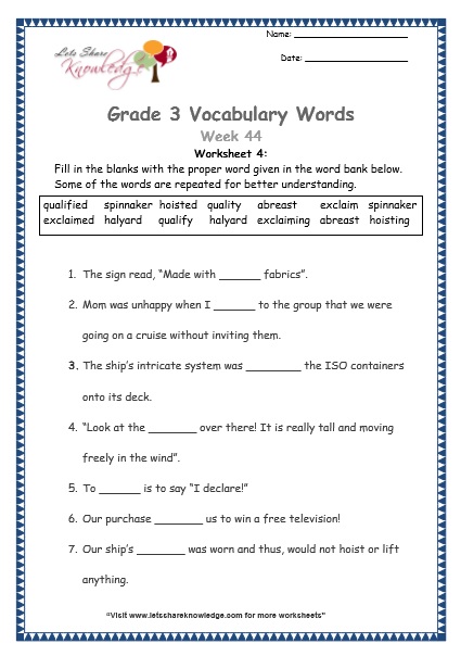  grade 3 vocabulary worksheets Week 44 worksheet 4