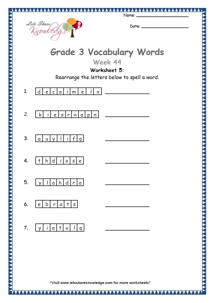  grade 3 vocabulary worksheets Week 44 worksheet 5