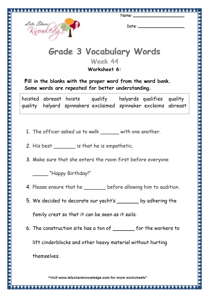  grade 3 vocabulary worksheets Week 44 worksheet 6