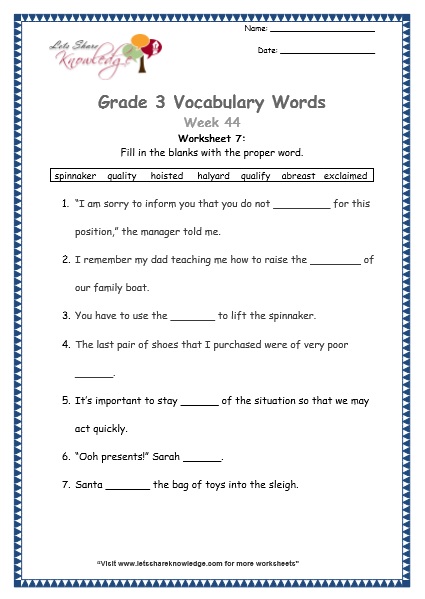  grade 3 vocabulary worksheets Week 44 worksheet 7