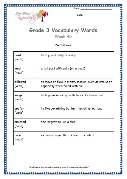 grade 3 vocabulary worksheets Week 45 definitions