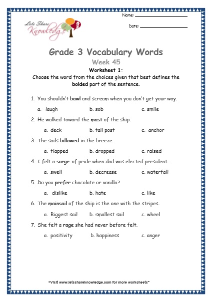 grade 3 vocabulary worksheets Week 45 worksheet 1