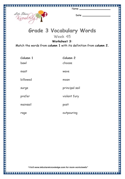  grade 3 vocabulary worksheets Week 45 worksheet 3