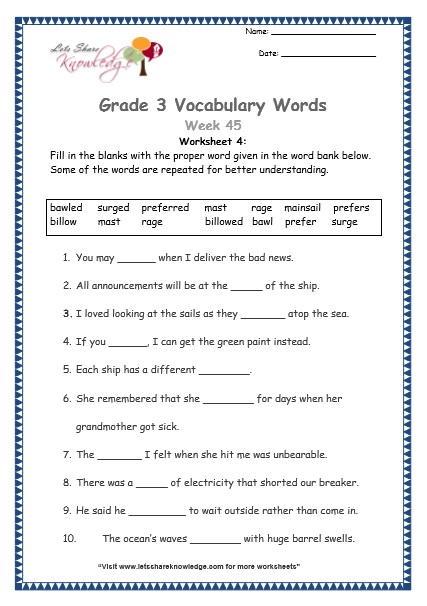  grade 3 vocabulary worksheets Week 45 worksheet 4