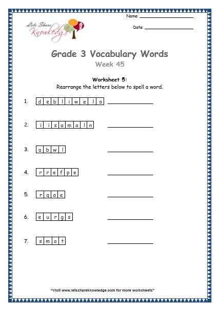  grade 3 vocabulary worksheets Week 45 worksheet 5