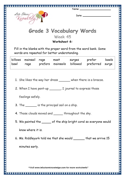  grade 3 vocabulary worksheets Week 45 worksheet 6