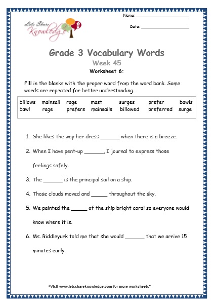 Grade 3: Vocabulary Worksheets Week 45 – Lets Share Knowledge