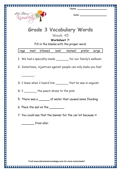  grade 3 vocabulary worksheets Week 45 worksheet 7