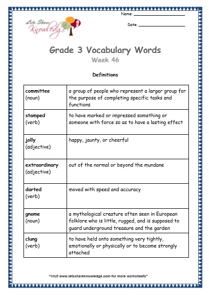grade 3 vocabulary worksheets Week 46 definitions