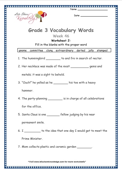 grade 3 vocabulary worksheets Week 46 worksheet 1