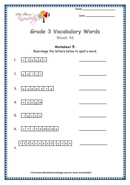  grade 3 vocabulary worksheets Week 46 worksheet 5