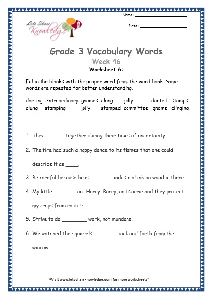  grade 3 vocabulary worksheets Week 46 worksheet 6