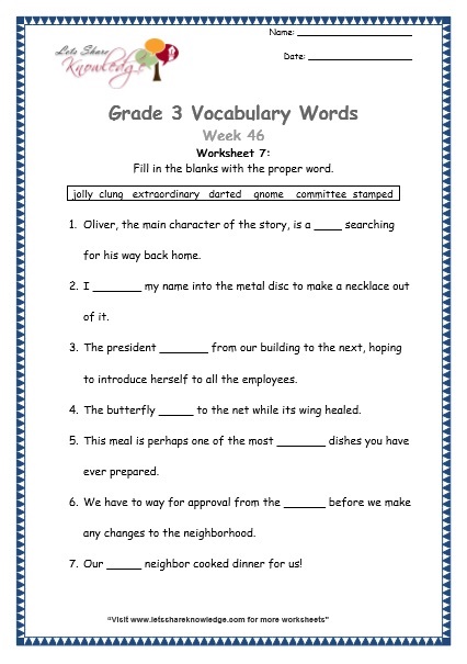  grade 3 vocabulary worksheets Week 46 worksheet 7