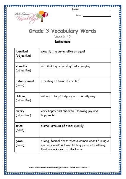 grade 3 vocabulary worksheets Week 47 definitions
