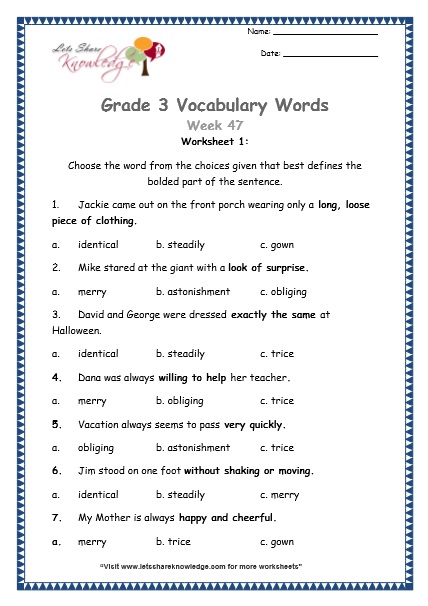 grade 3 vocabulary worksheets Week 47 worksheet 1