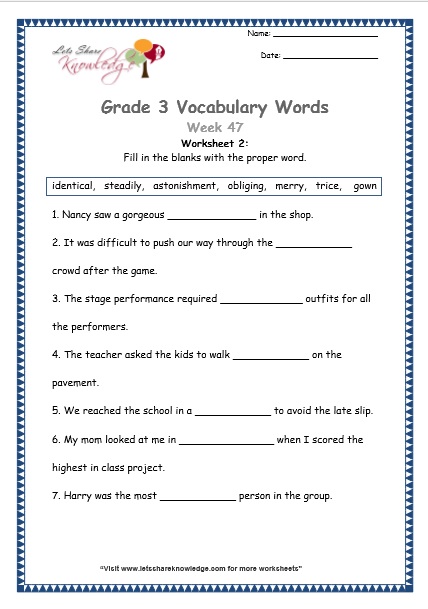 grade 3 vocabulary worksheets Week 47 worksheet 1