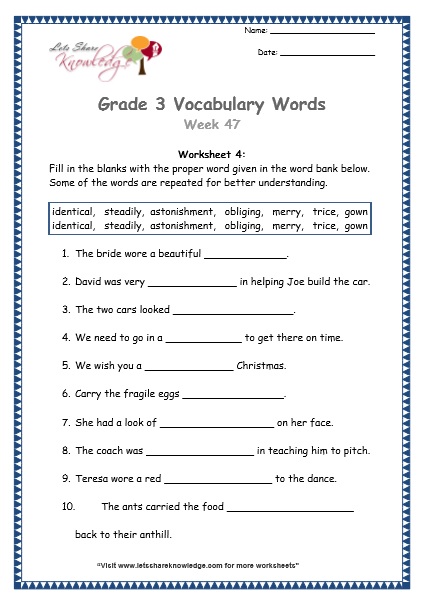 identical, steadily, astonishment, obliging, merry, trice, gown - grade 3 vocabulary