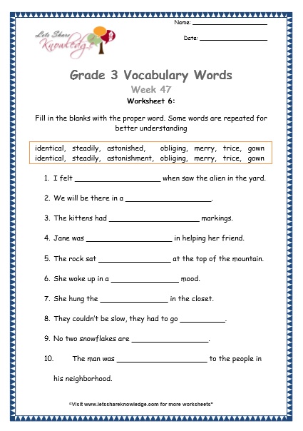  grade 3 vocabulary worksheets Week 47 worksheet 6