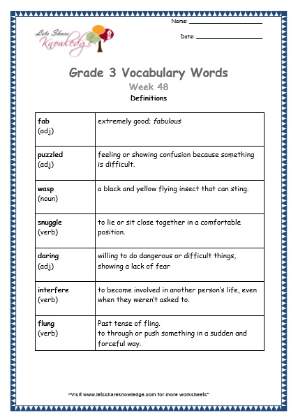 grade 3 vocabulary worksheets Week 48 definitions