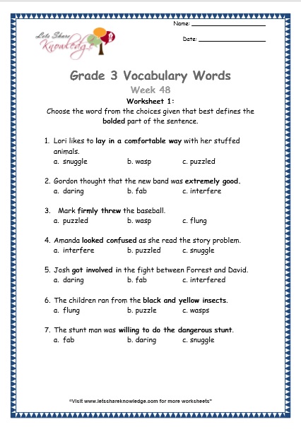 grade 3 vocabulary worksheets Week 48 worksheet 1