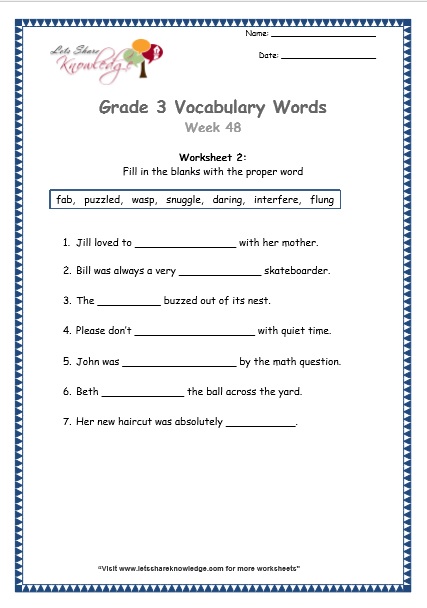 Grade 3: Vocabulary Worksheets Week 48 – Lets Share Knowledge