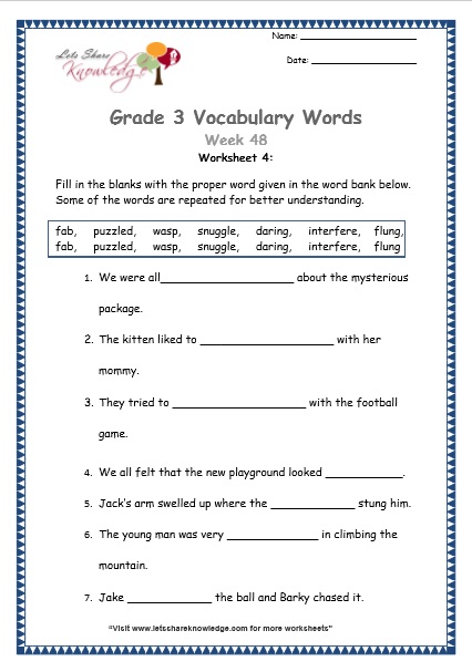 grade 3 vocabulary worksheets week 48 lets share knowledge