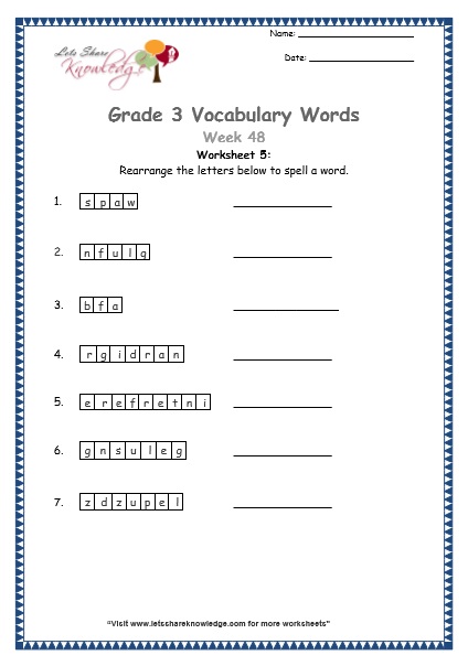  grade 3 vocabulary worksheets Week 48 worksheet 5