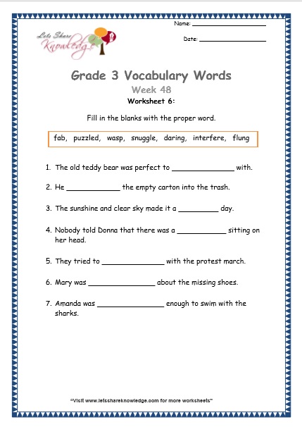  grade 3 vocabulary worksheets Week 48 worksheet 6